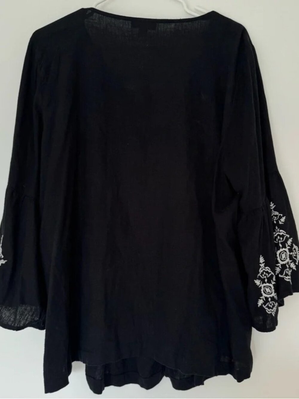 Style & Co Pintuck Black Blouse White Embroidered Accents Bell Sleeves NWT - Picture 9 of 10